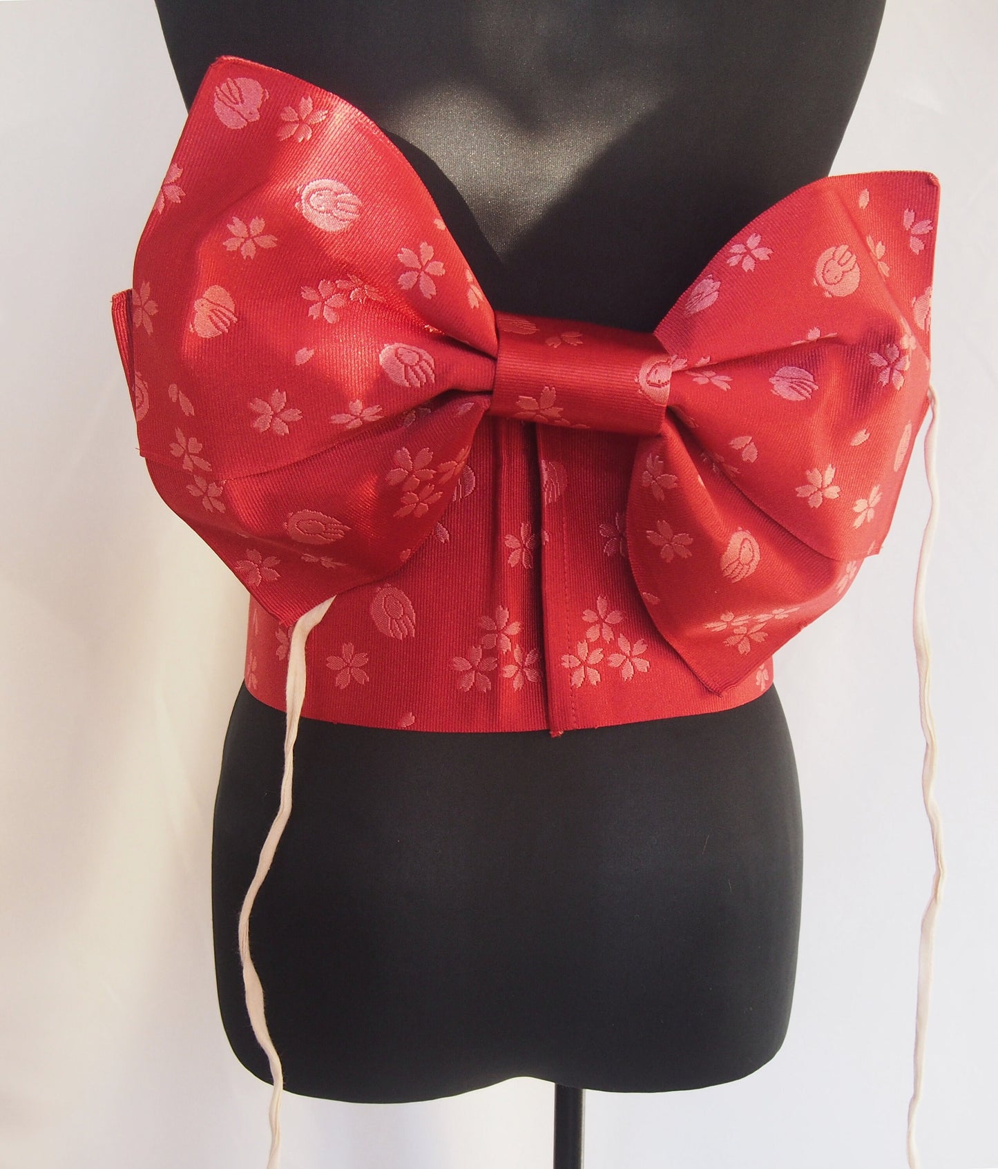 Instant yukata obi- red with sakura and rabbit pattern
