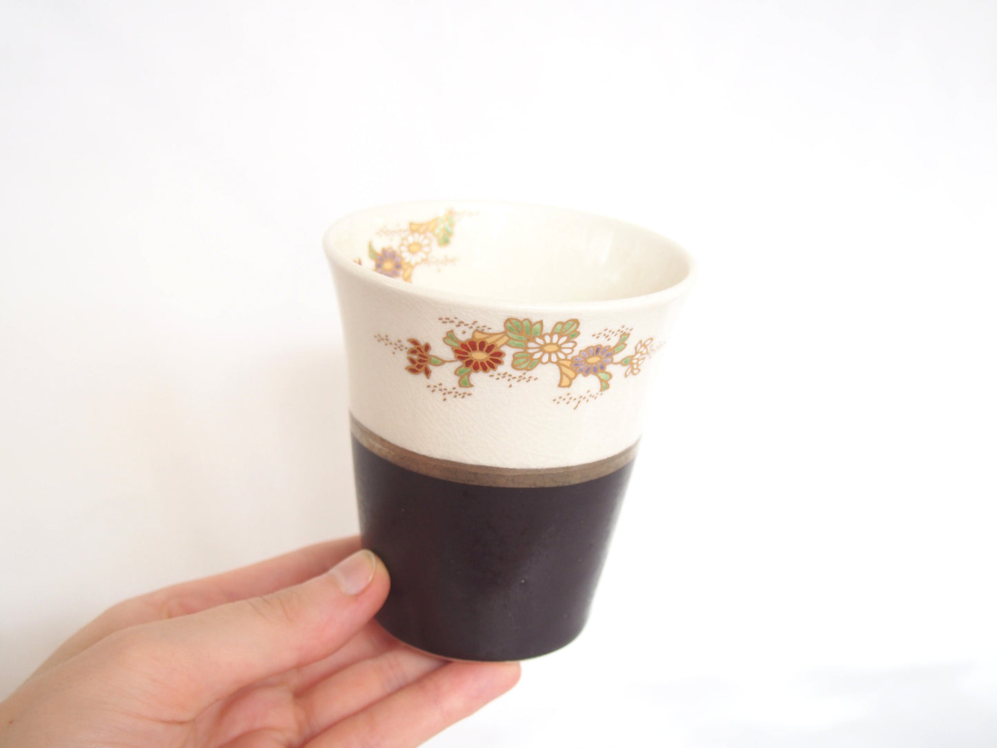 White Satsuma yaki cup - handmade gold and glass enameled tumbler (white and brown)