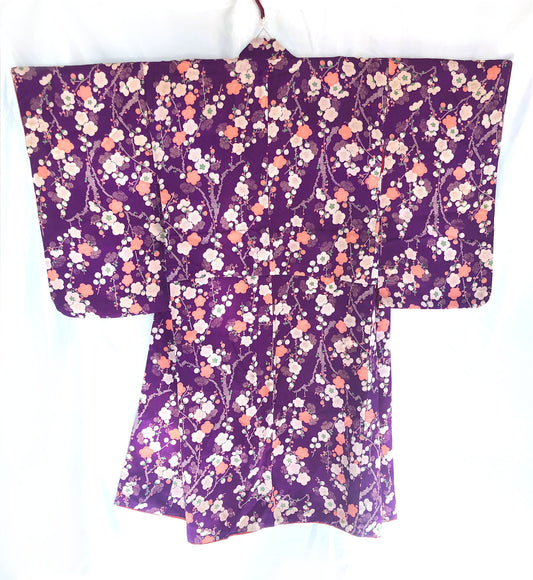 Vintage kimono Taisho Roman style - bright purple with plum tree branches in white and salmon pink
