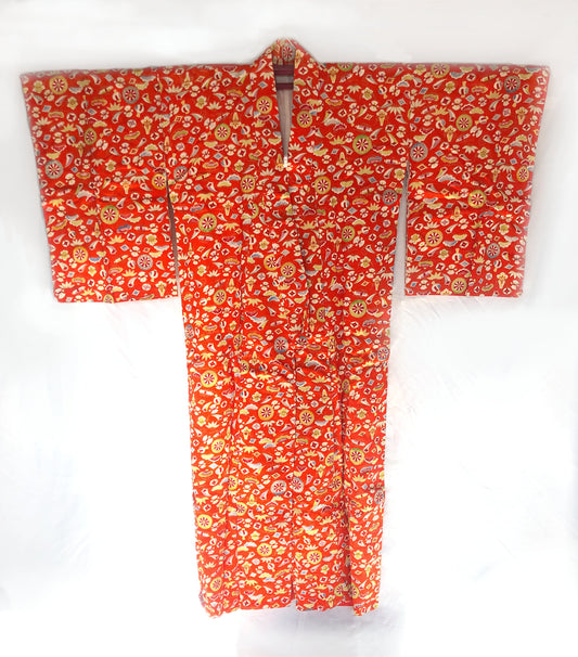 Vintage kimono - orange red with colorful lucky charms pattern