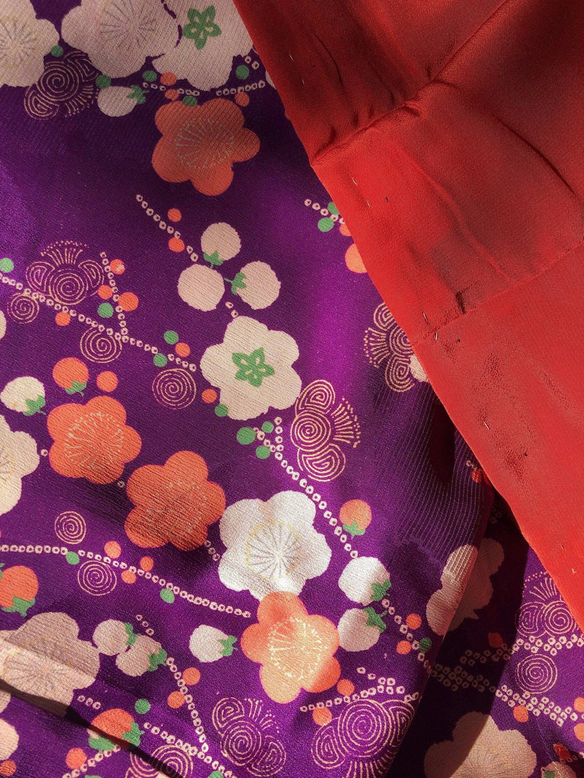 Vintage kimono Taisho Roman style - bright purple with plum tree branches in white and salmon pink