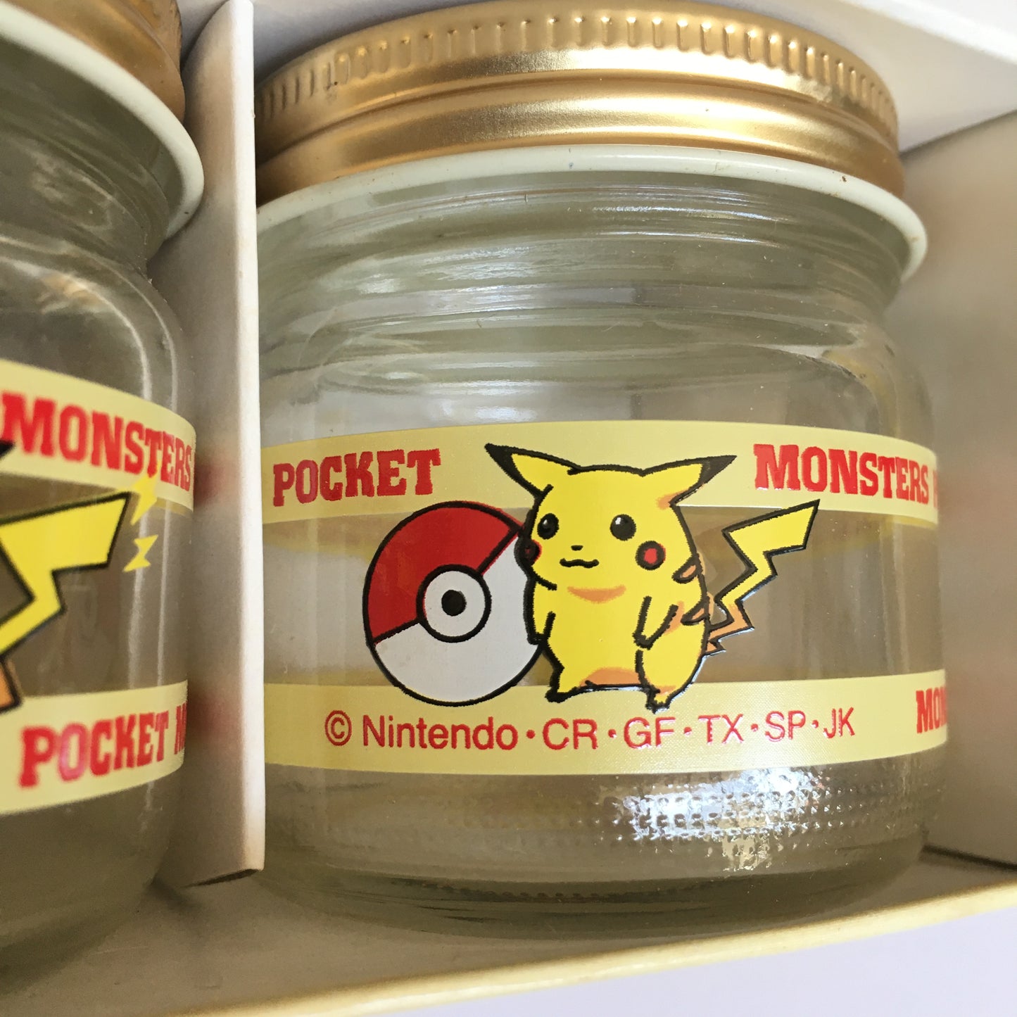 Vintage 1990s Pokemon Pikachu Glass Jar Pair Set w/Box Unused 2.2" 5.5cm
