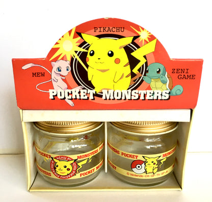 Vintage 1990s Pokemon Pikachu Glass Jar Pair Set w/Box Unused 2.2" 5.5cm
