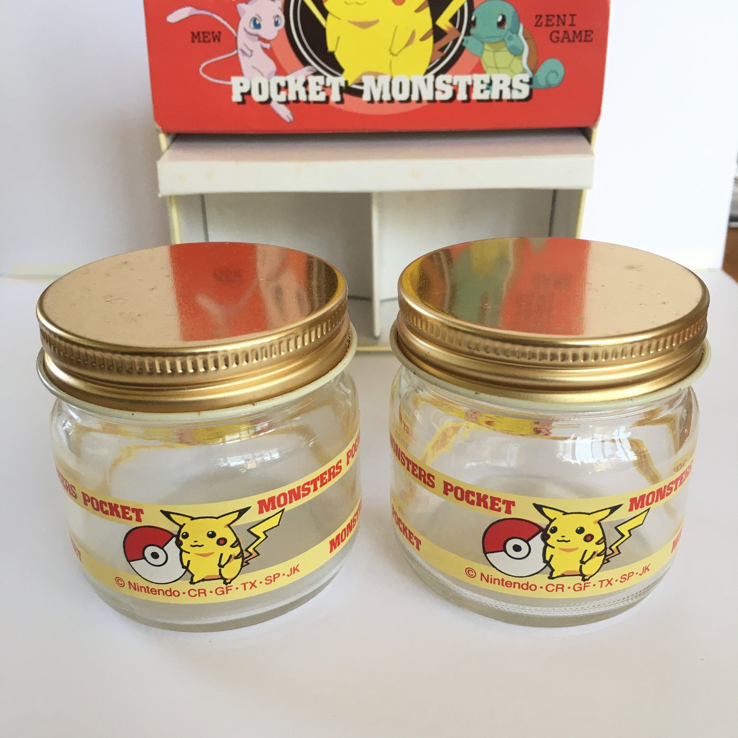 Vintage 1990s Pokemon Pikachu Glass Jar Pair Set w/Box Unused 2.2" 5.5cm