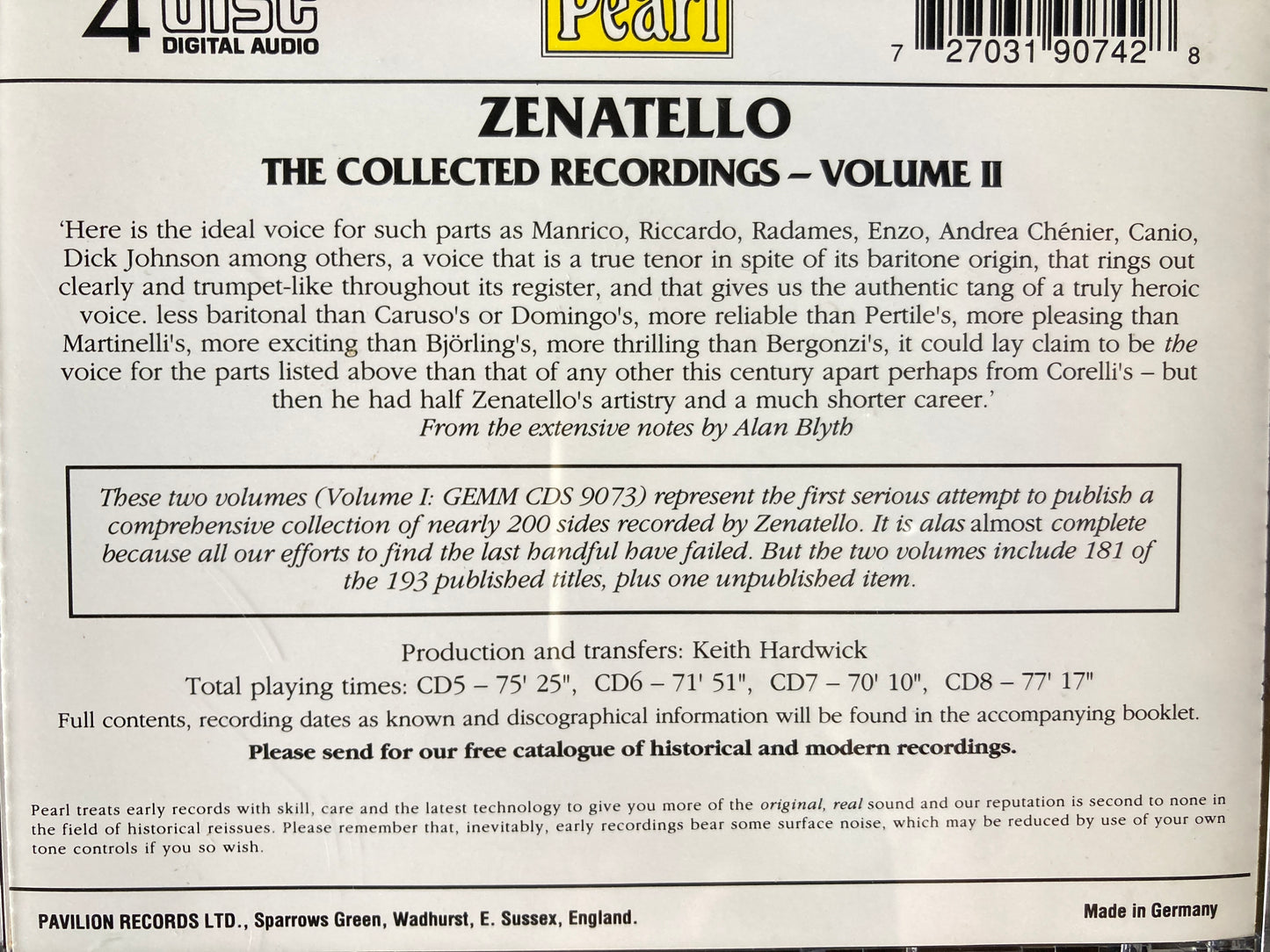 Giovanni Zenatello: The Collected Recordings, Vol. II (CD, 1994, 4 Discs, Pearl)