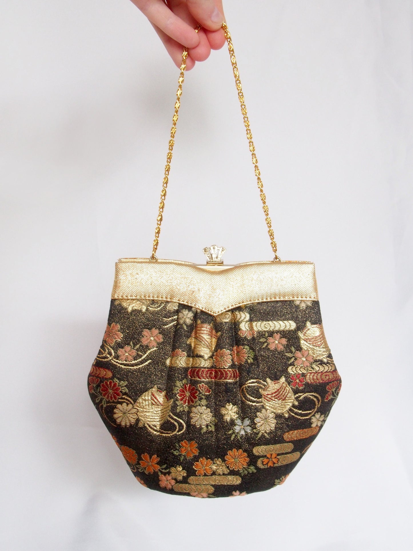 Vintage kimono handbag - black and gold with flowers and thread spools