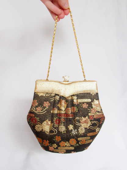 Vintage kimono handbag - black and gold with flowers and thread spools