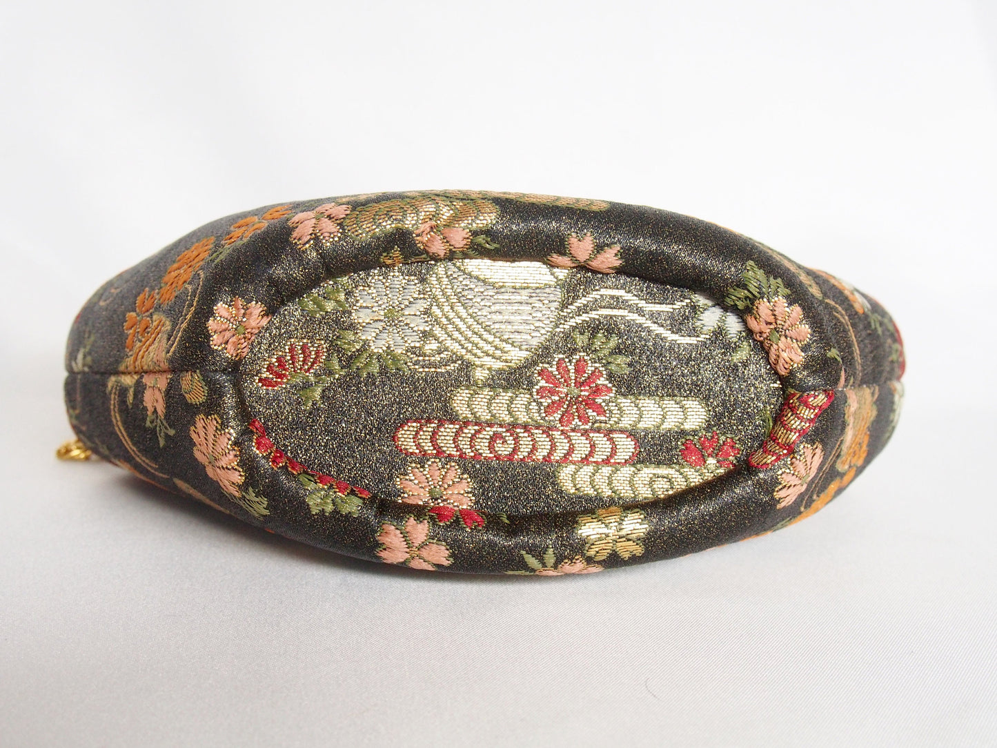 Vintage kimono handbag - black and gold with flowers and thread spools