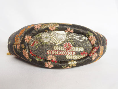 Vintage kimono handbag - black and gold with flowers and thread spools