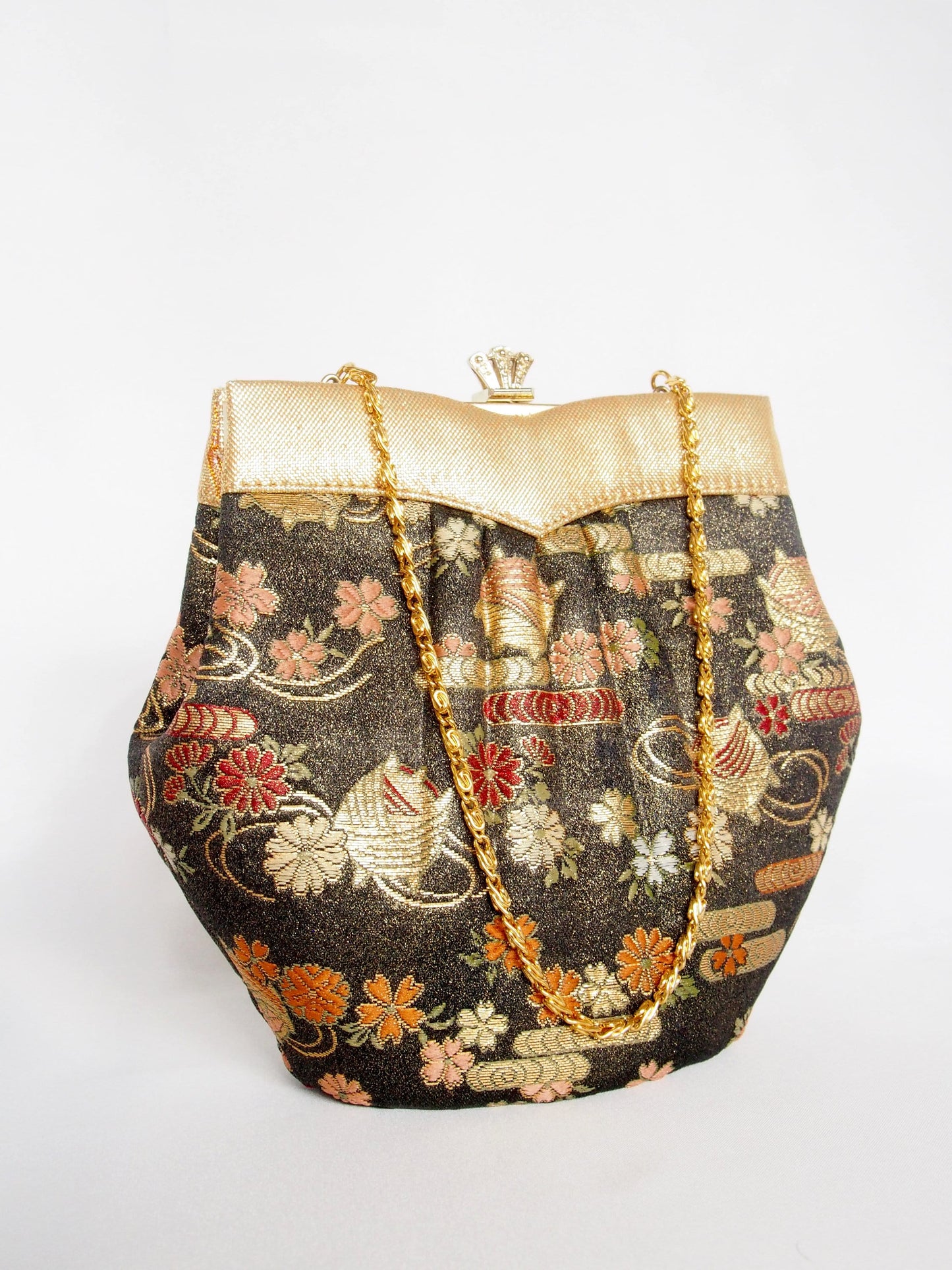 Vintage kimono handbag - black and gold with flowers and thread spools