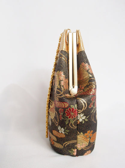 Vintage kimono handbag - black and gold with flowers and thread spools