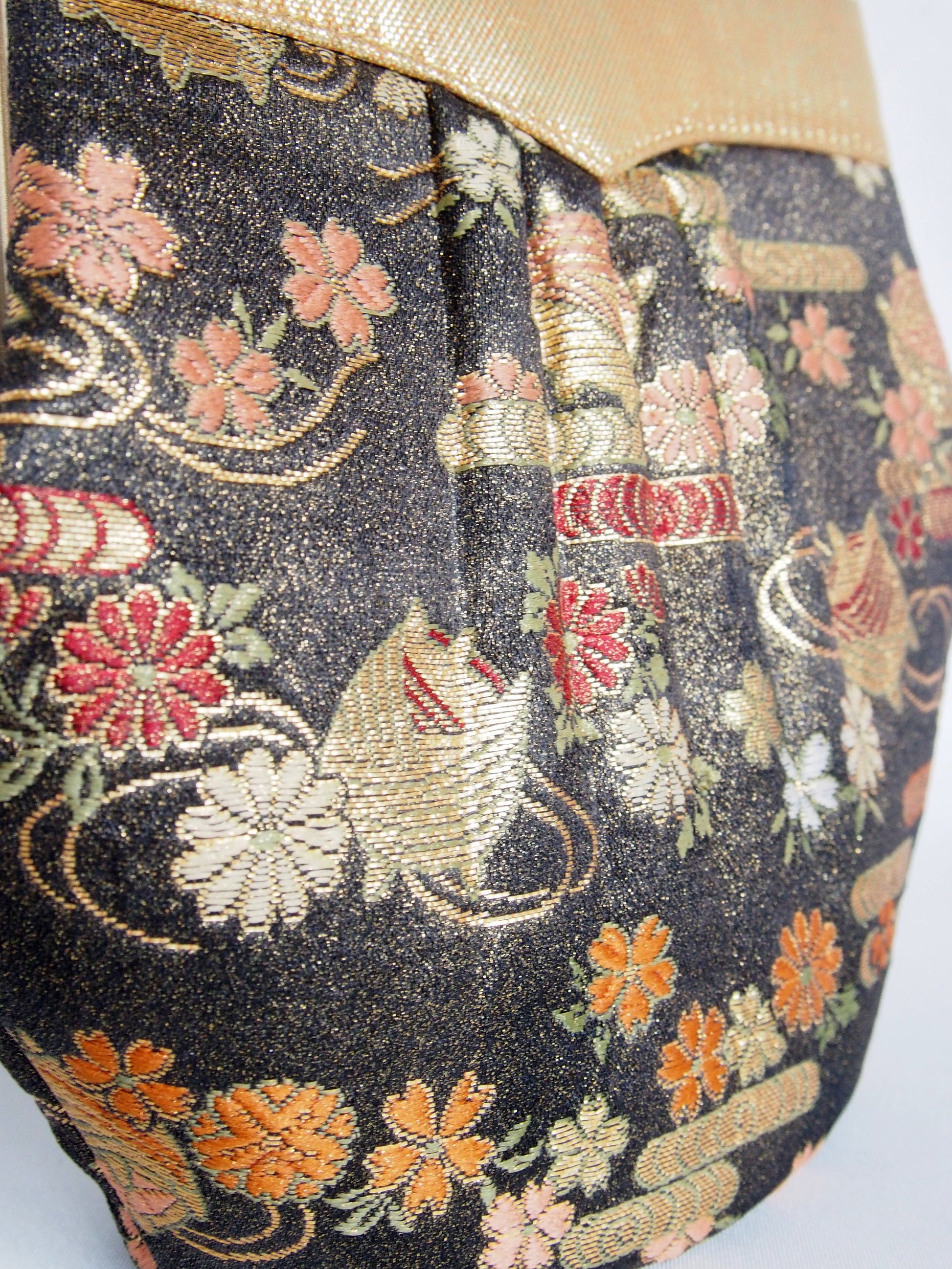 Vintage kimono handbag - black and gold with flowers and thread spools