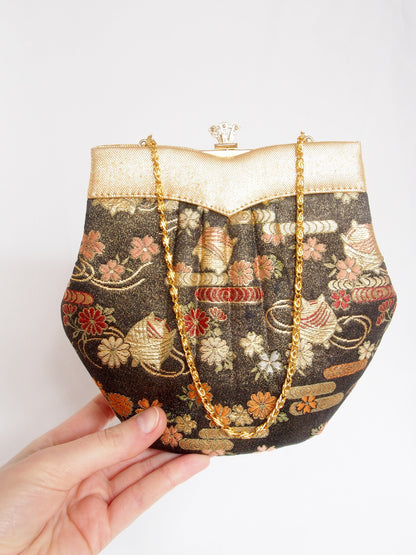 Vintage kimono handbag - black and gold with flowers and thread spools
