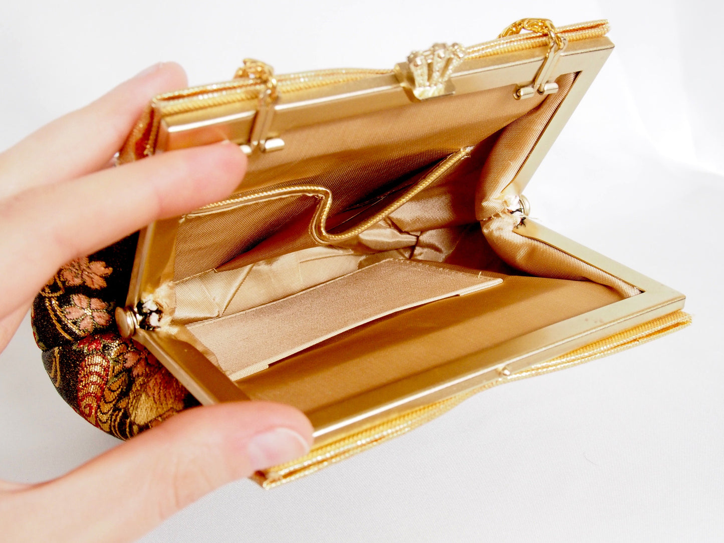 Vintage kimono handbag - black and gold with flowers and thread spools