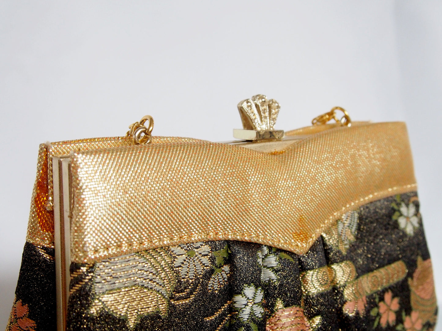 Vintage kimono handbag - black and gold with flowers and thread spools