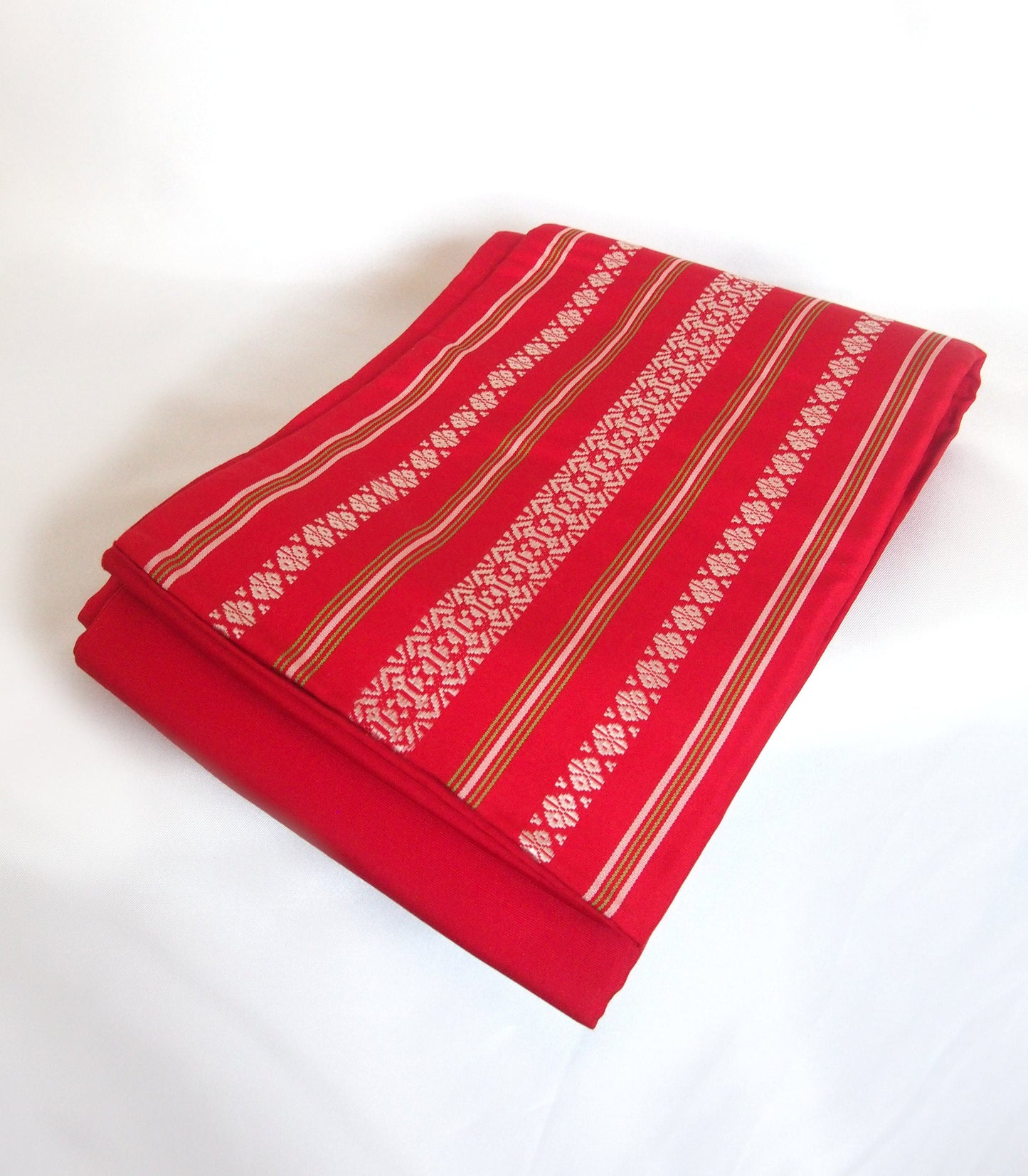 Traditional Japanese hanhaba obi- red, white, and green hakata ori