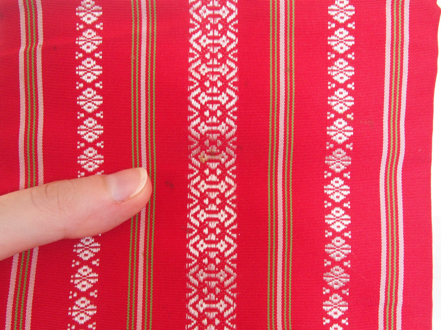 Traditional Japanese hanhaba obi- red, white, and green hakata ori