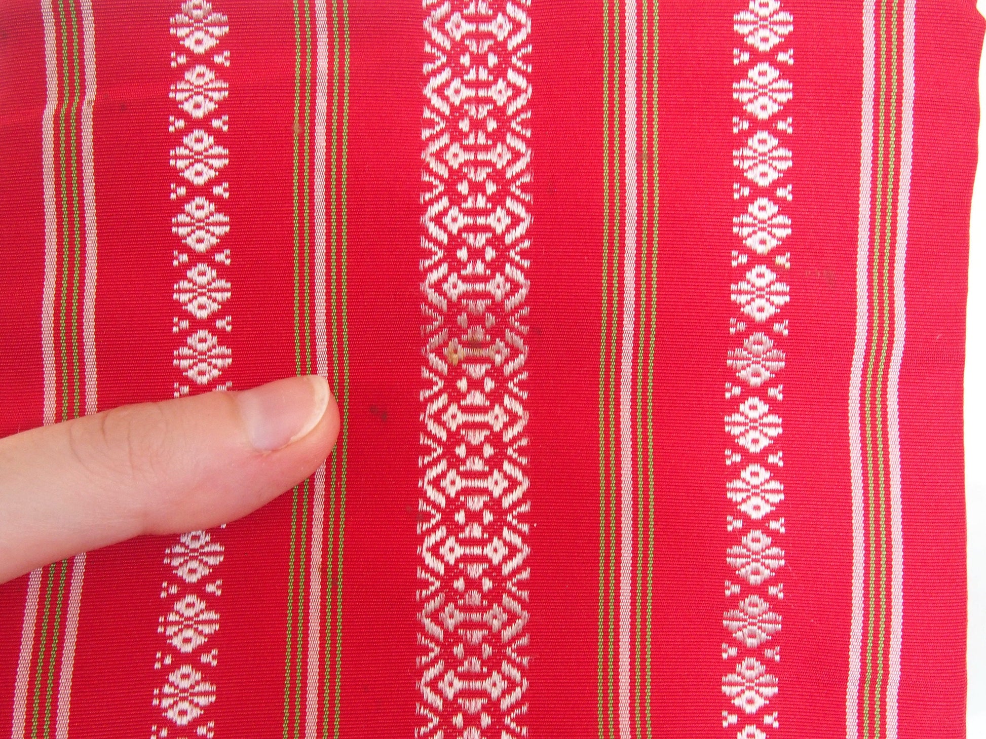 Traditional Japanese hanhaba obi- red, white, and green hakata ori