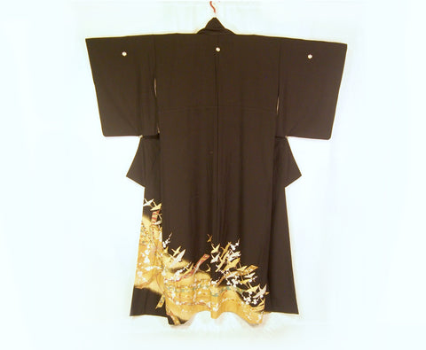 Vintage silk kimono - kurotomesode with a flock of golden cranes