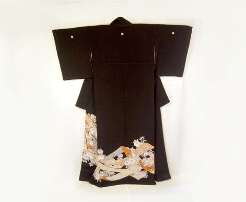 Vintage silk kimono - kurotomesode with red and golden ribbon pattern