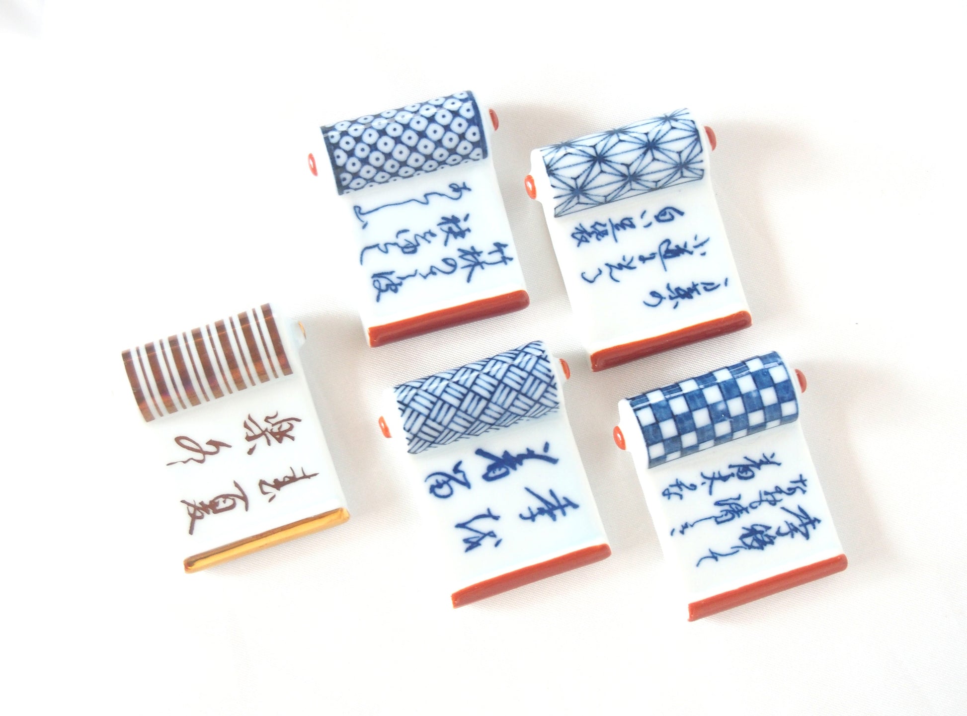 Elegant Japanese hashioki - chopstick rests - poetry scrolls, set of 5