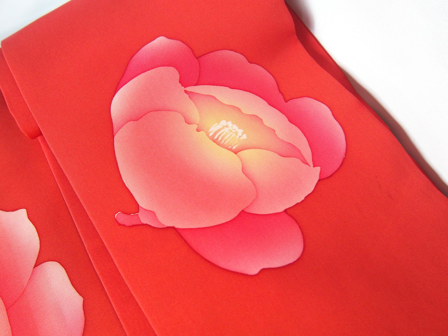 Elegant silk Nagoya obi - red with a painted peony motif