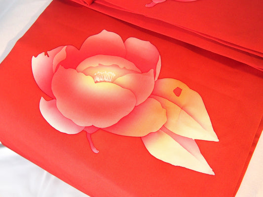 Elegant silk Nagoya obi - red with a painted peony motif