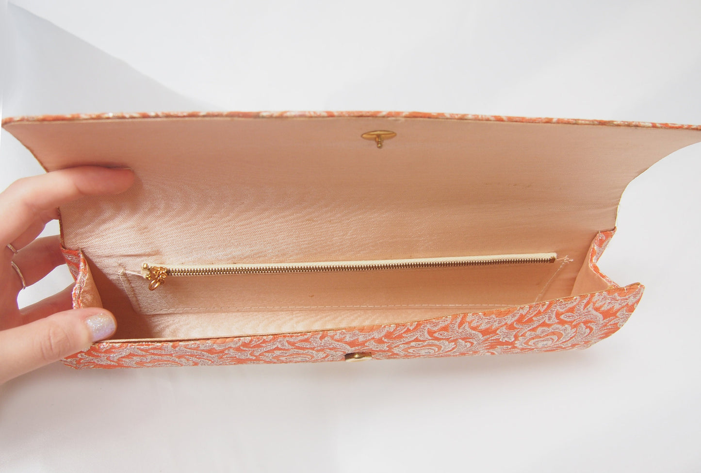 Vintage kimono handbag - long orange clutch with silver peacock feathers