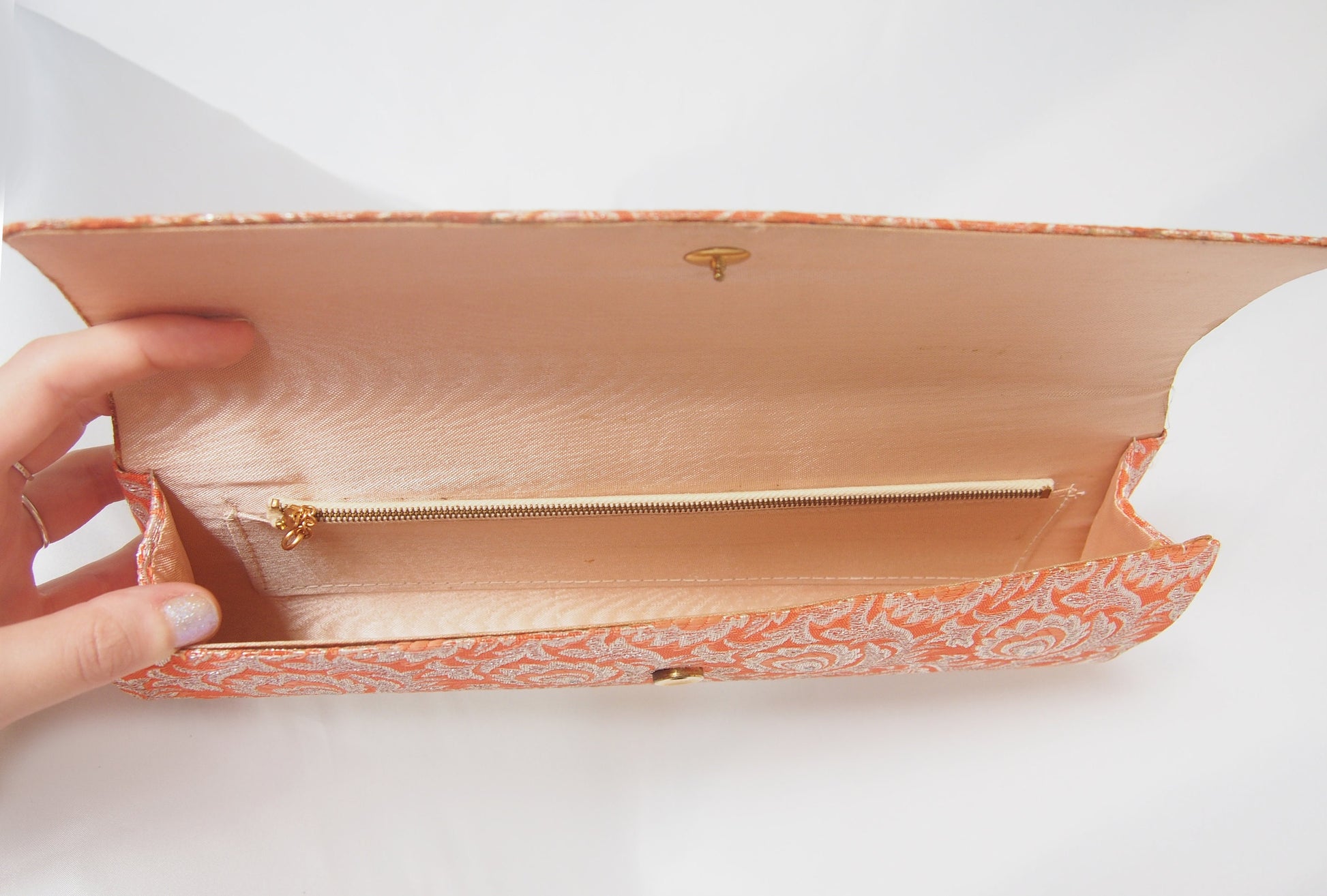 Vintage kimono handbag - long orange clutch with silver peacock feathers