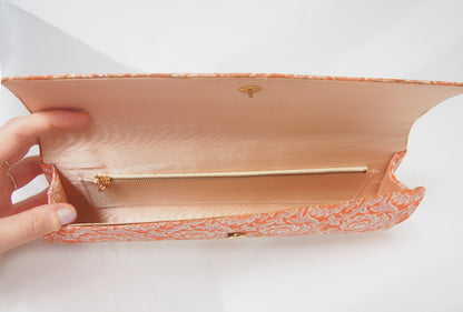Vintage kimono handbag - long orange clutch with silver peacock feathers