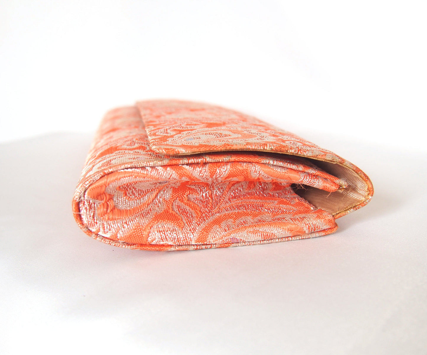 Vintage kimono handbag - long orange clutch with silver peacock feathers