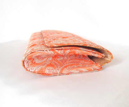 Vintage kimono handbag - long orange clutch with silver peacock feathers