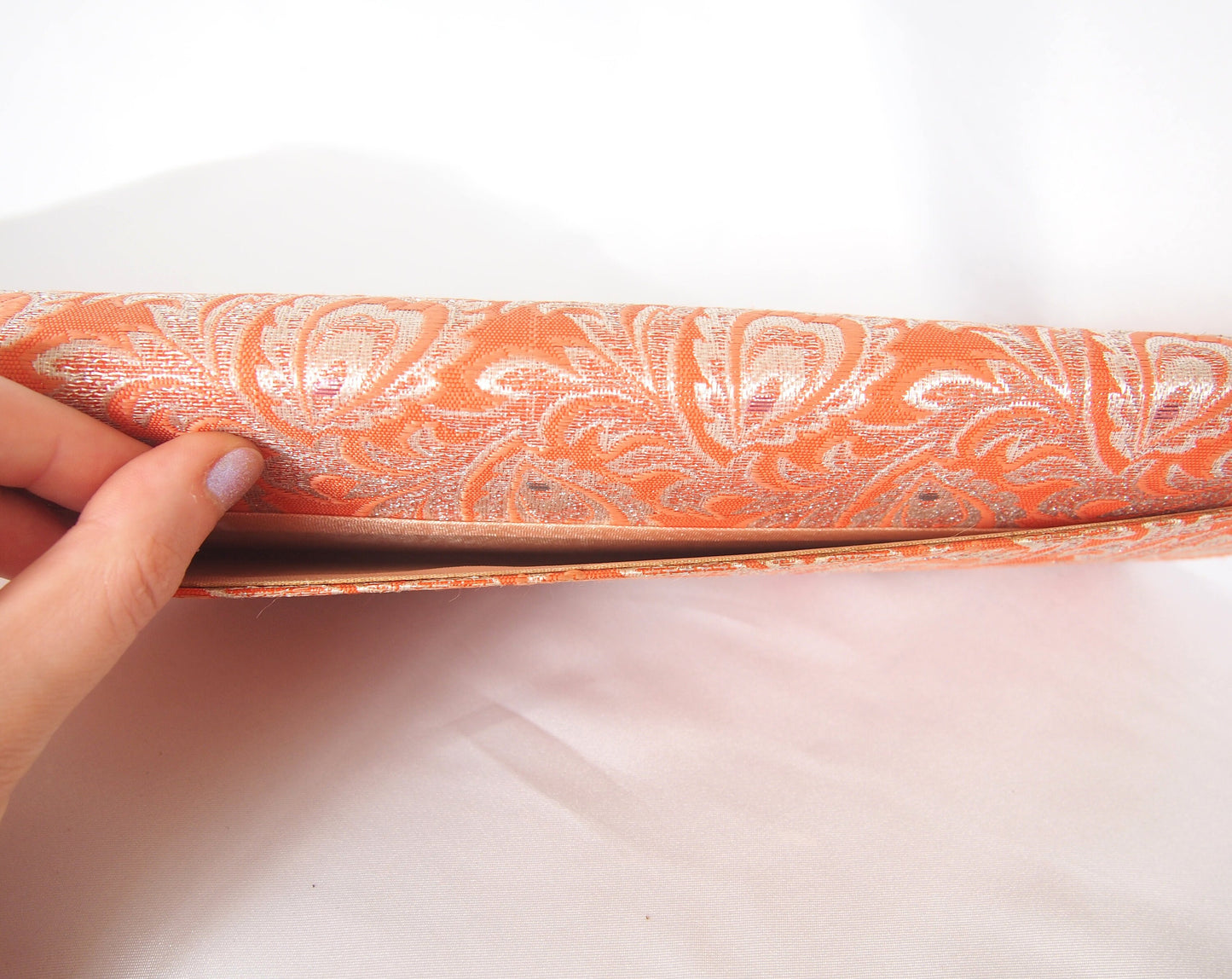 Vintage kimono handbag - long orange clutch with silver peacock feathers