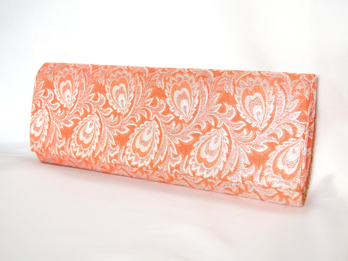 Vintage kimono handbag - long orange clutch with silver peacock feathers