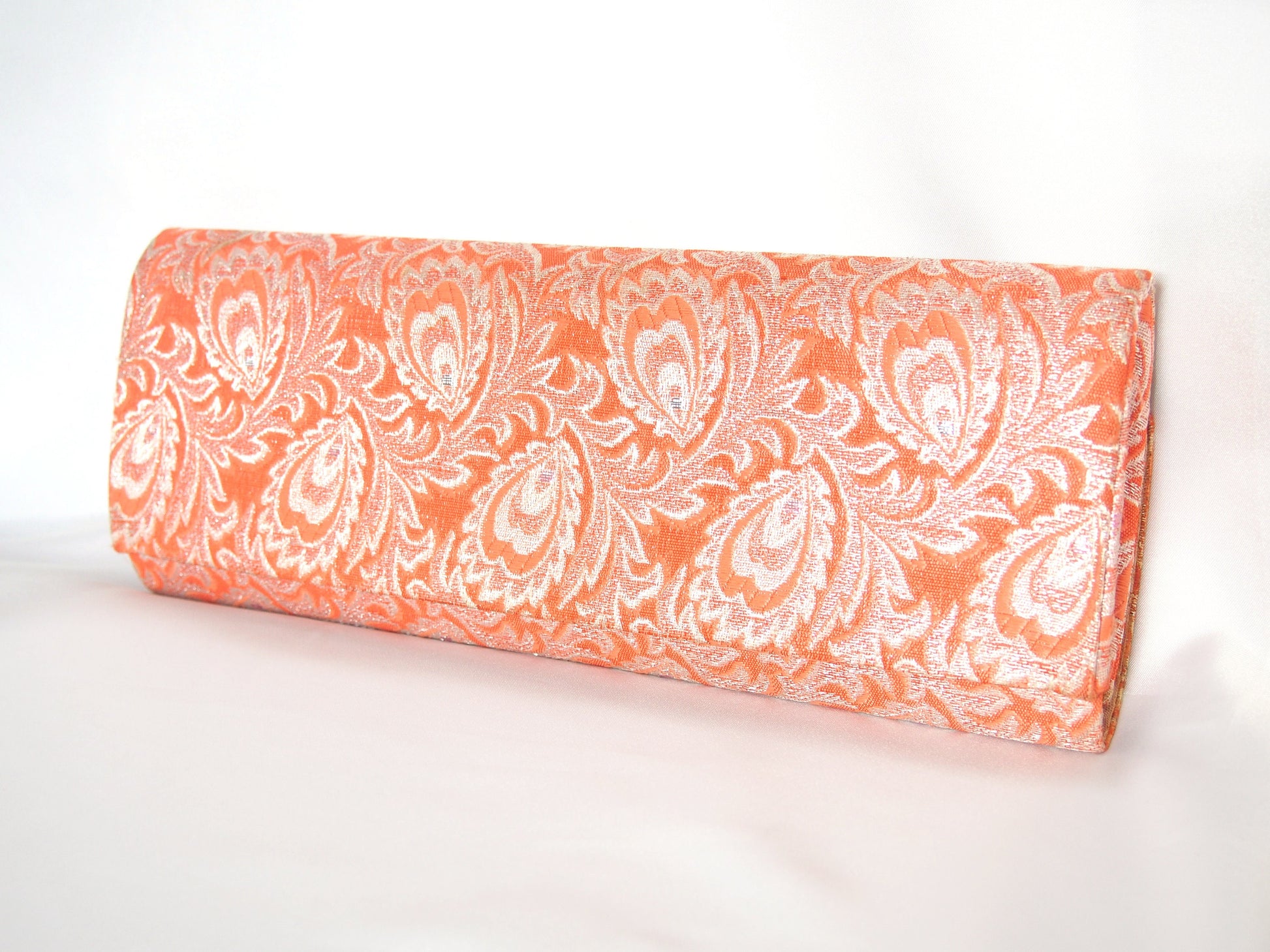 Vintage kimono handbag - long orange clutch with silver peacock feathers