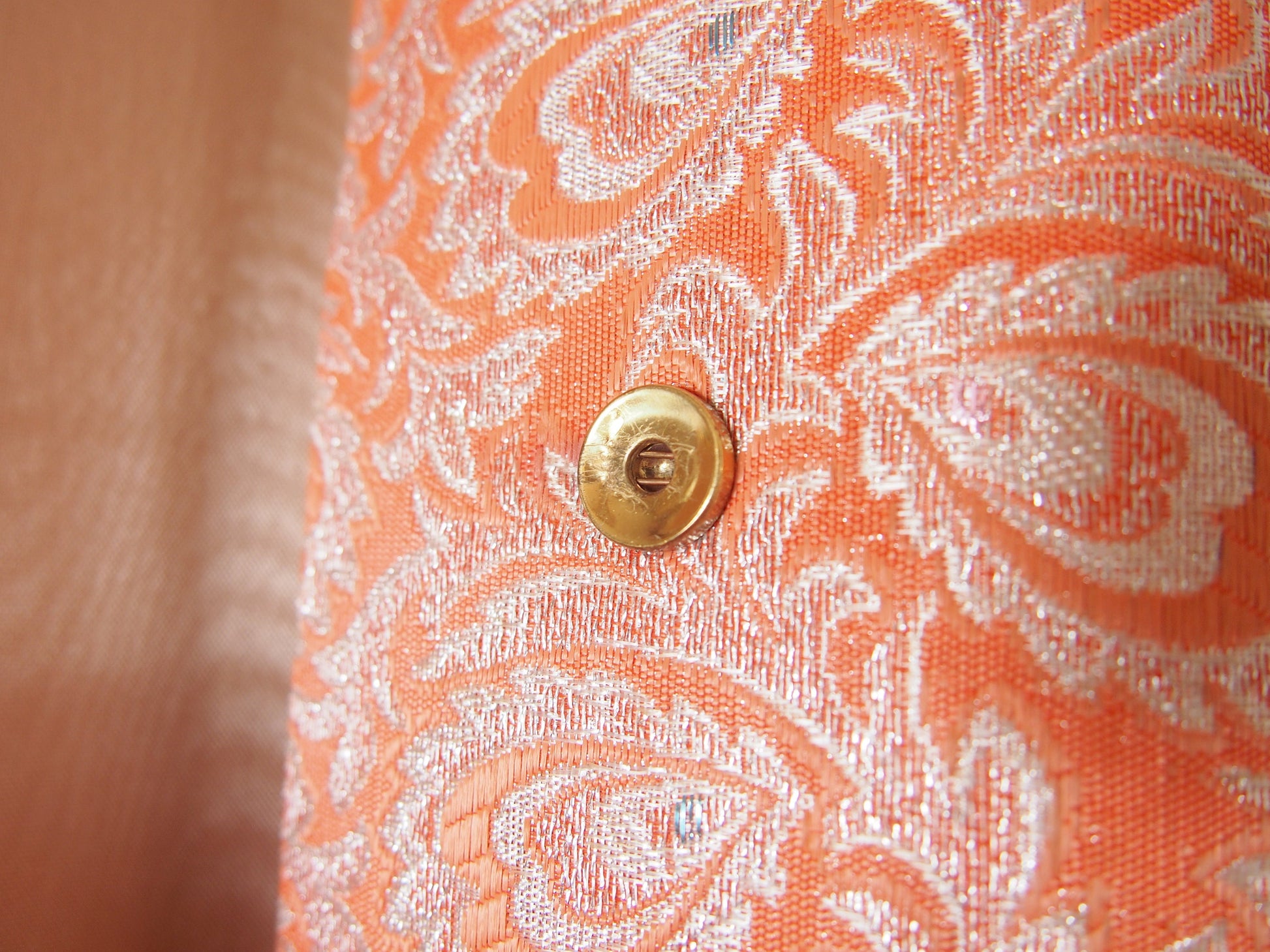 Vintage kimono handbag - long orange clutch with silver peacock feathers