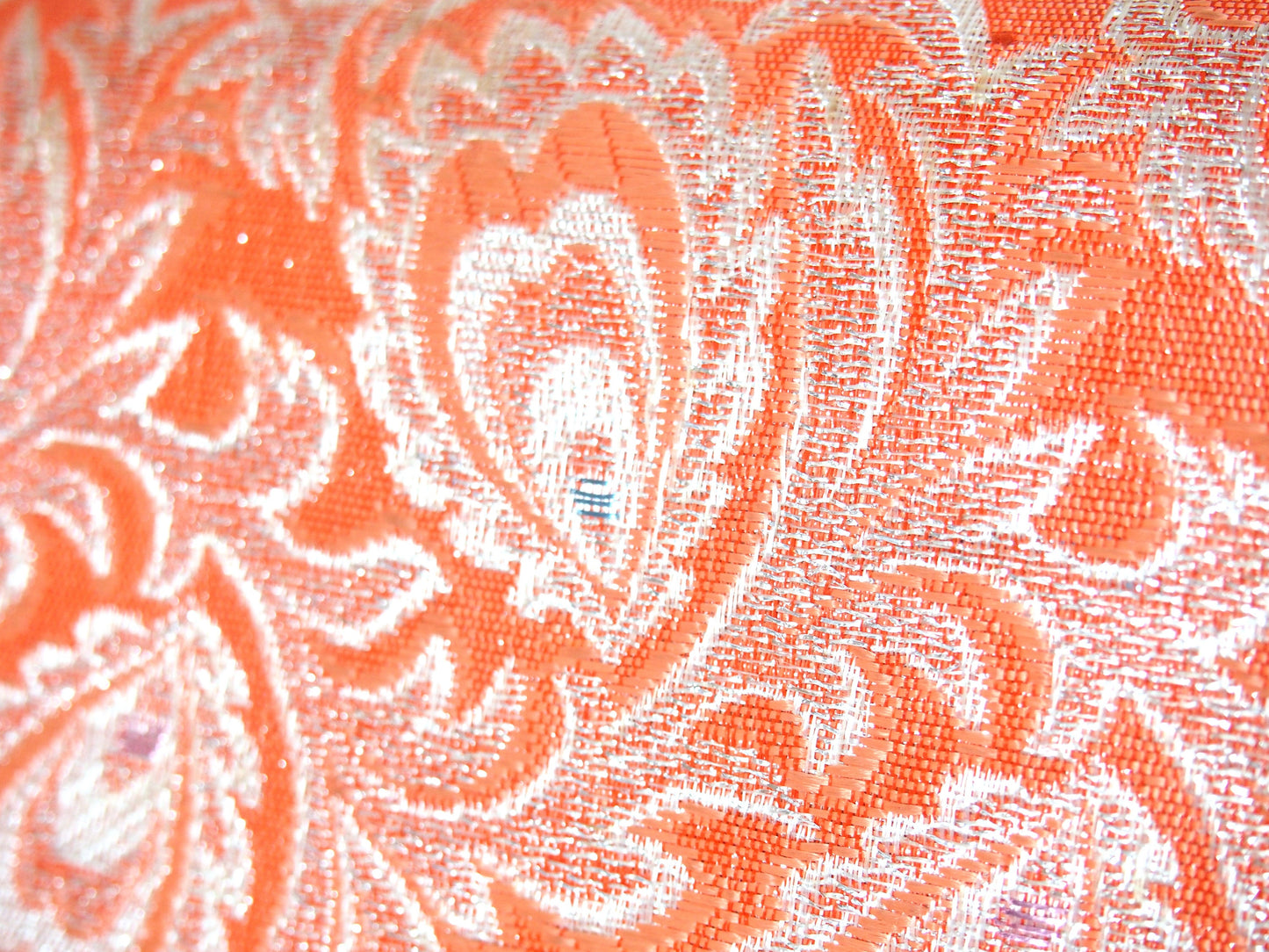 Vintage kimono handbag - long orange clutch with silver peacock feathers
