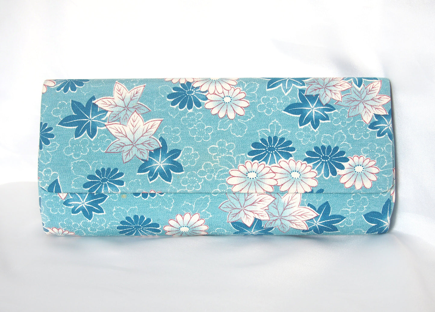 Vintage kimono handbag - long blue clutch with autumn foliage