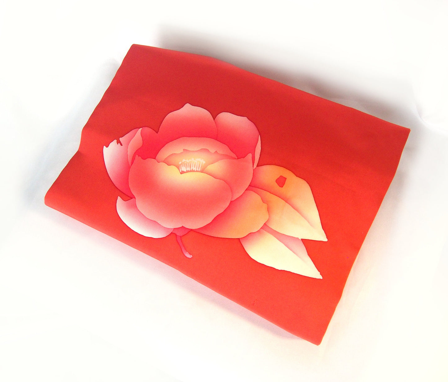 Elegant silk Nagoya obi - red with a painted peony motif