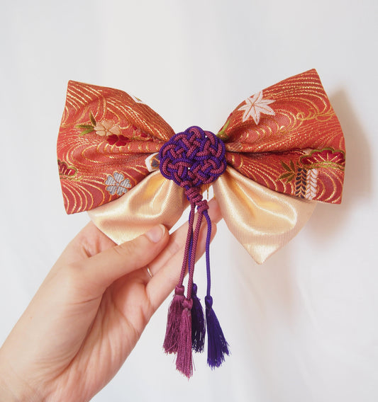 Elegant kanzashi - Japanese hair accessory - red and golden bow with purple tassels
