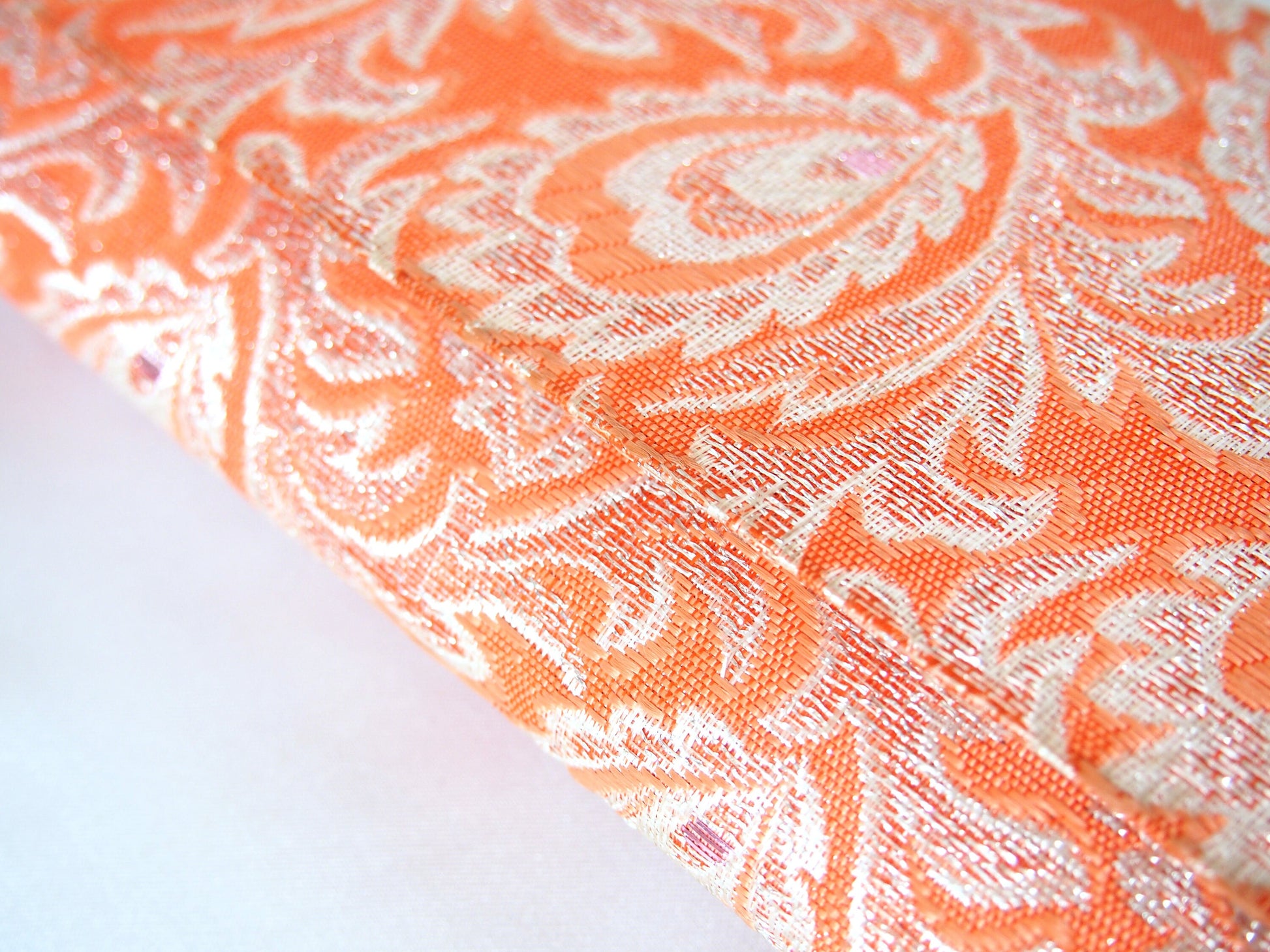 Vintage kimono handbag - long orange clutch with silver peacock feathers