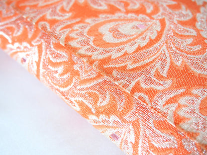 Vintage kimono handbag - long orange clutch with silver peacock feathers