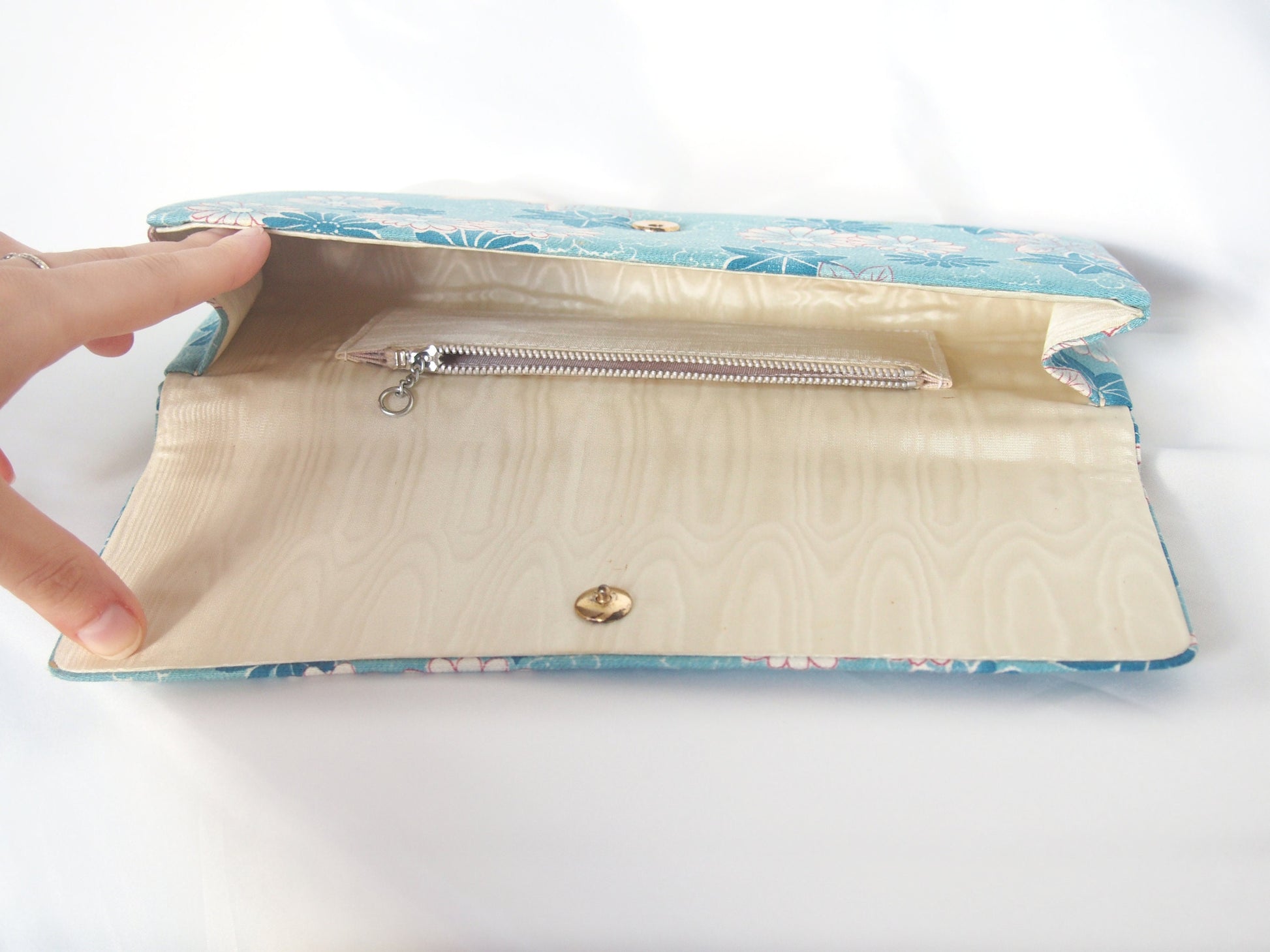 Vintage kimono handbag - long blue clutch with autumn foliage