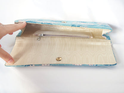 Vintage kimono handbag - long blue clutch with autumn foliage