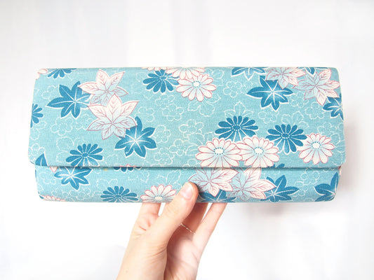 Vintage kimono handbag - long blue clutch with autumn foliage