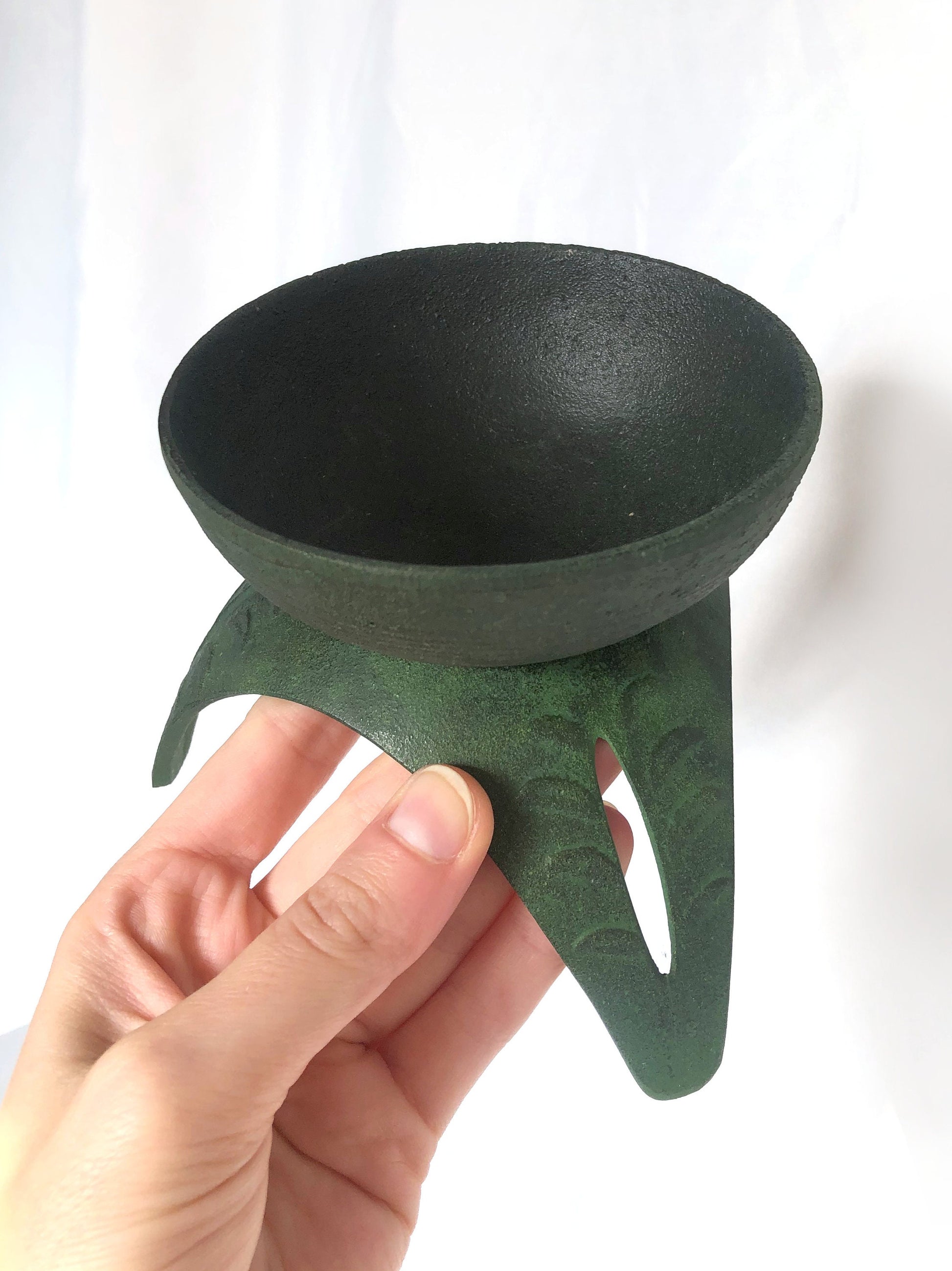 Japanese iron cast miniature incense burner - green lantern