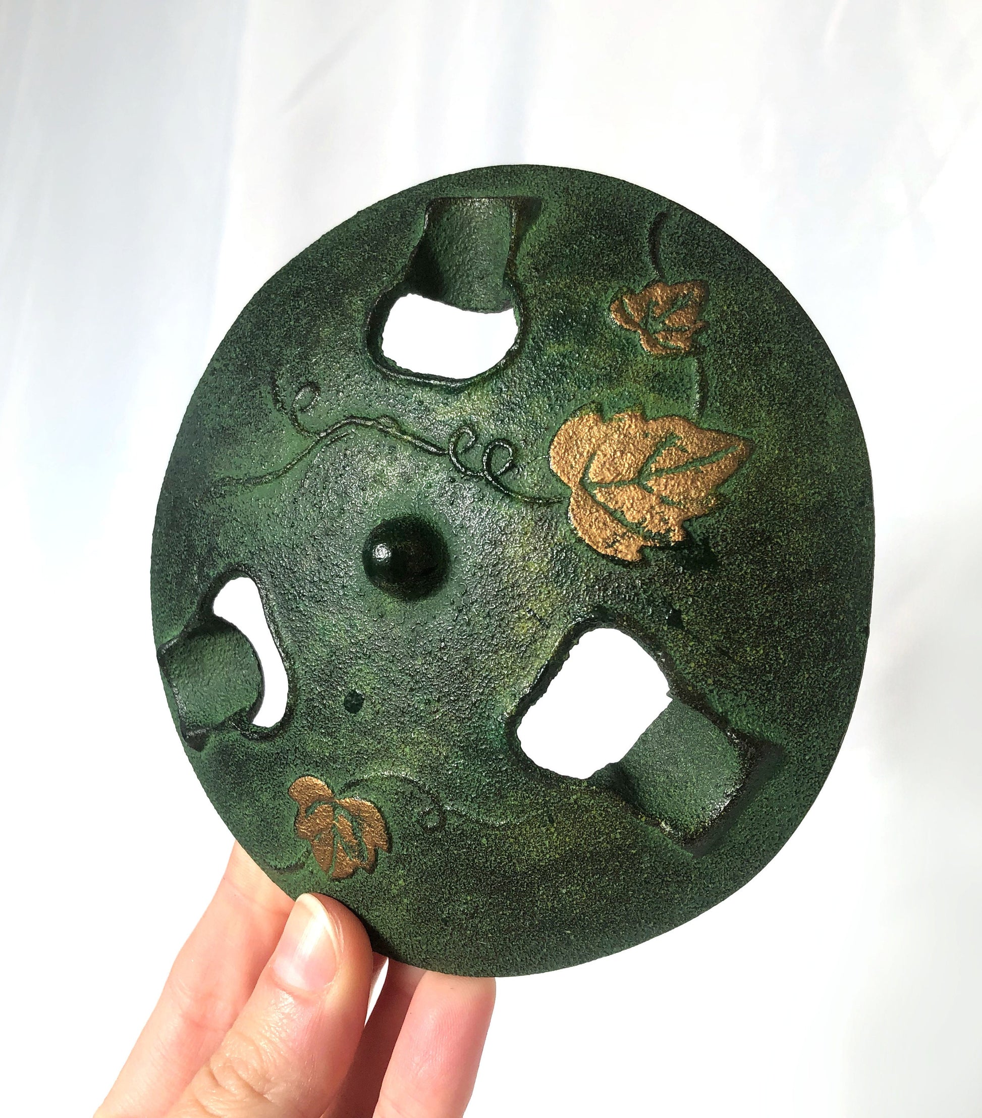 Japanese iron cast miniature incense burner - green lantern