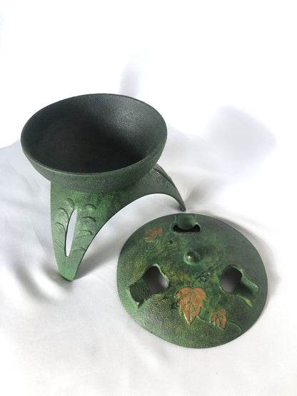 Japanese iron cast miniature incense burner - green lantern
