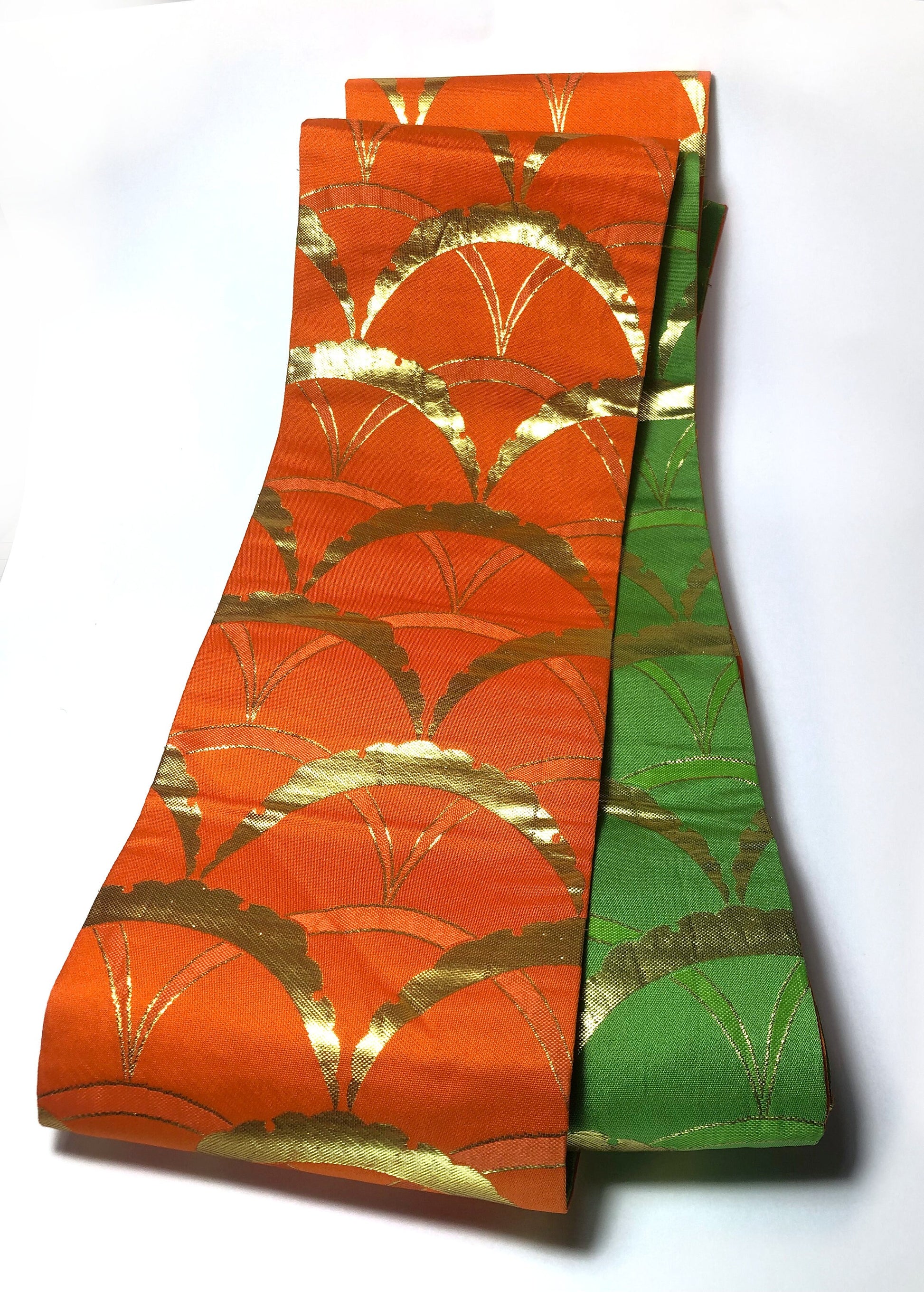 Reversible hanhaba obi - highlighter green and vivid orange with golden half-circles