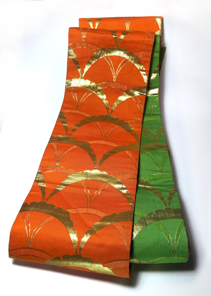 Reversible hanhaba obi - highlighter green and vivid orange with golden half-circles